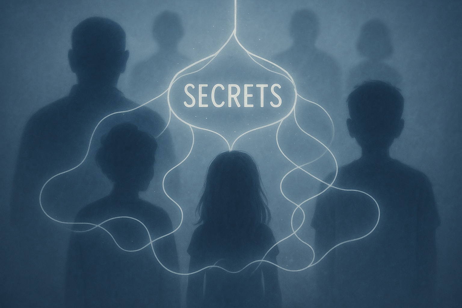 Illustration numérique représentant des silhouettes familiales reliées par des fils lumineux, symbolisant la transmission des secrets familiaux à travers les générations