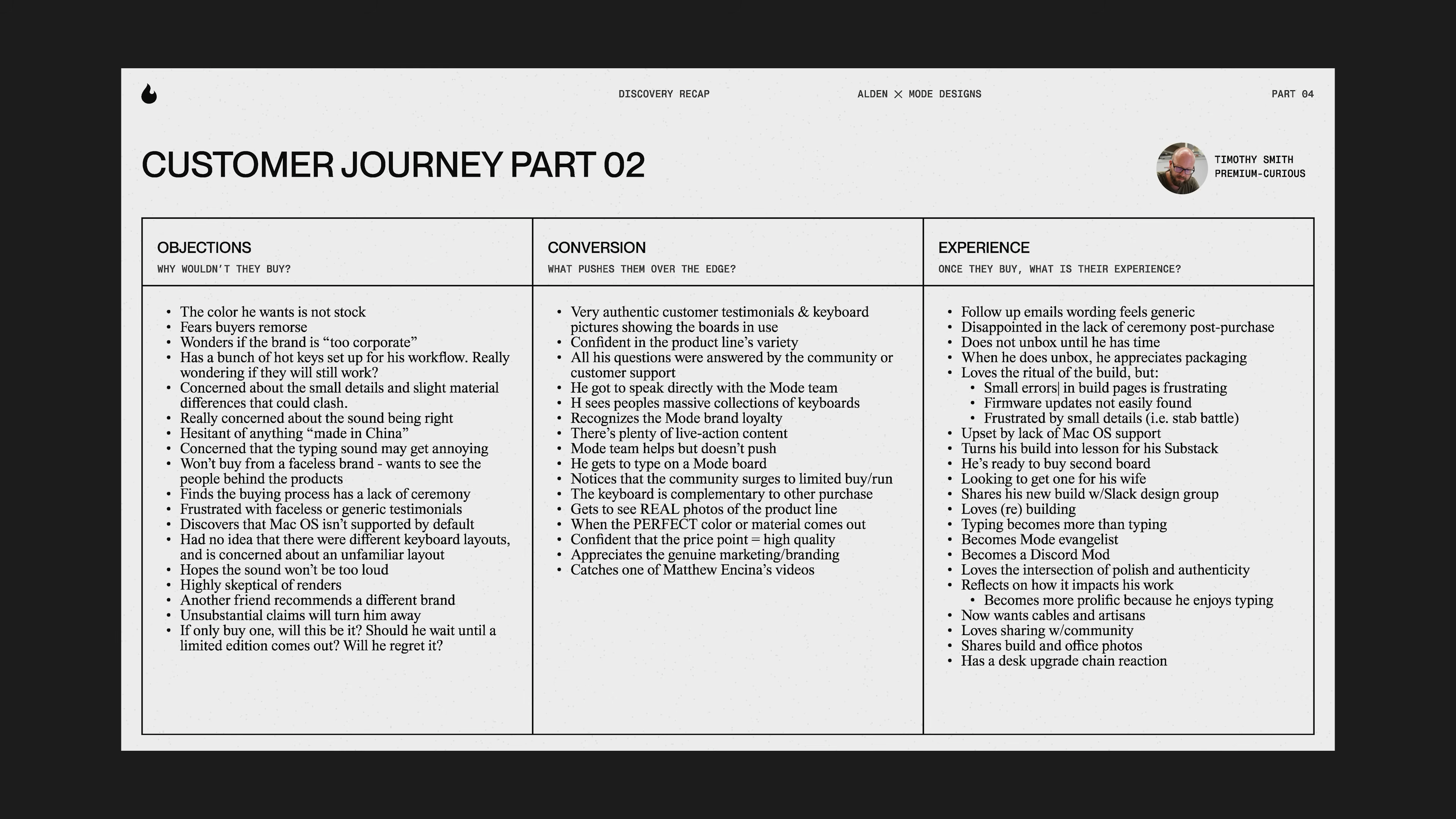 Customer journey analysis showing objections, conversion triggers, and post-purchase experience for a Mode persona, from Matthew Encina’s rebranding video.