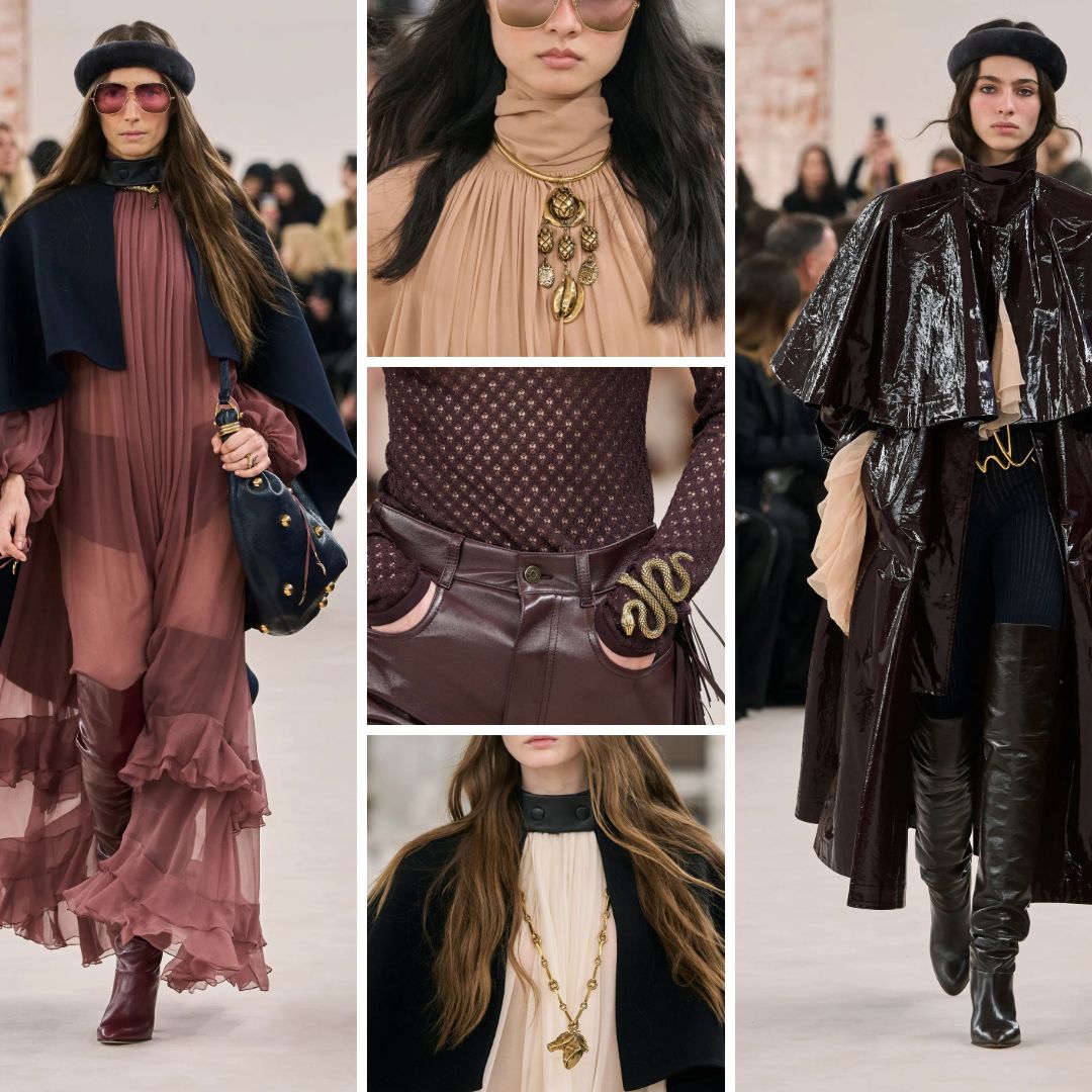 Chloé Fall/Winter 2024 runway collage highlighting sheer fabrics, leather trousers, gold jewellery, and 70s-inspired capes