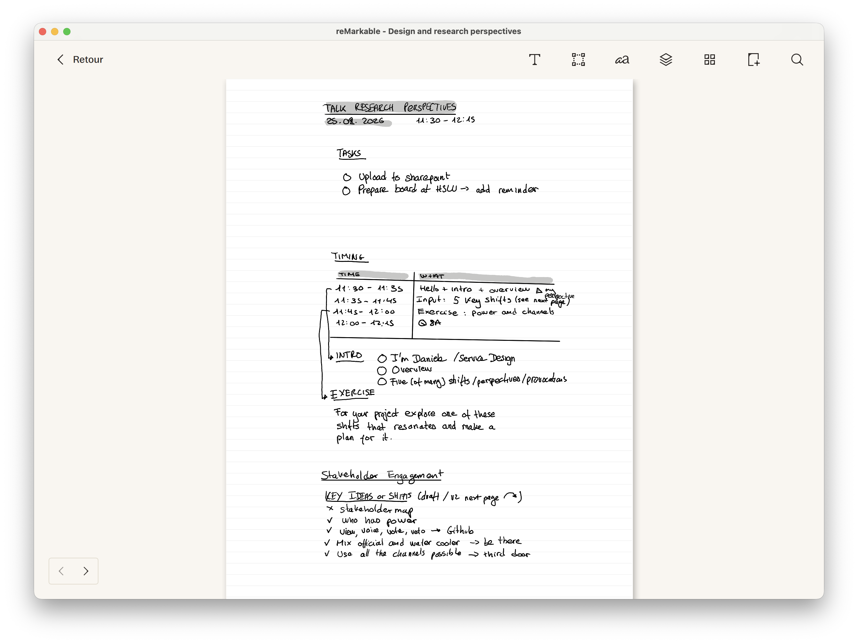 A screenshot showing rough notes I took to structure the course including the timing, exercice, and key ideas