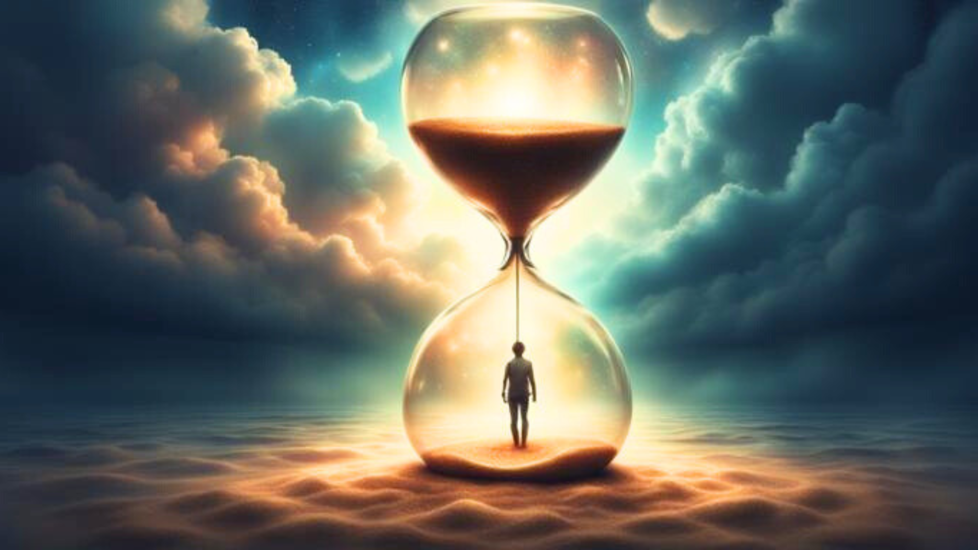 Surreal 3D illustration of a person standing inside the lower half of a glowing hourglass, surrounded by clouds and sand, symbolizing being trapped in time and mentally traveling between past and future instead of resting in the present.