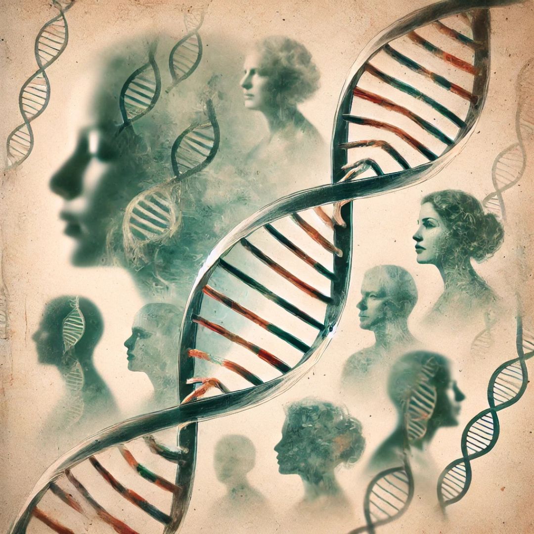 Illustration symbolique d’un brin d’ADN entrelacé avec des visages féminins flous, représentant la transmission transgénérationnelle des mémoires émotionnelles