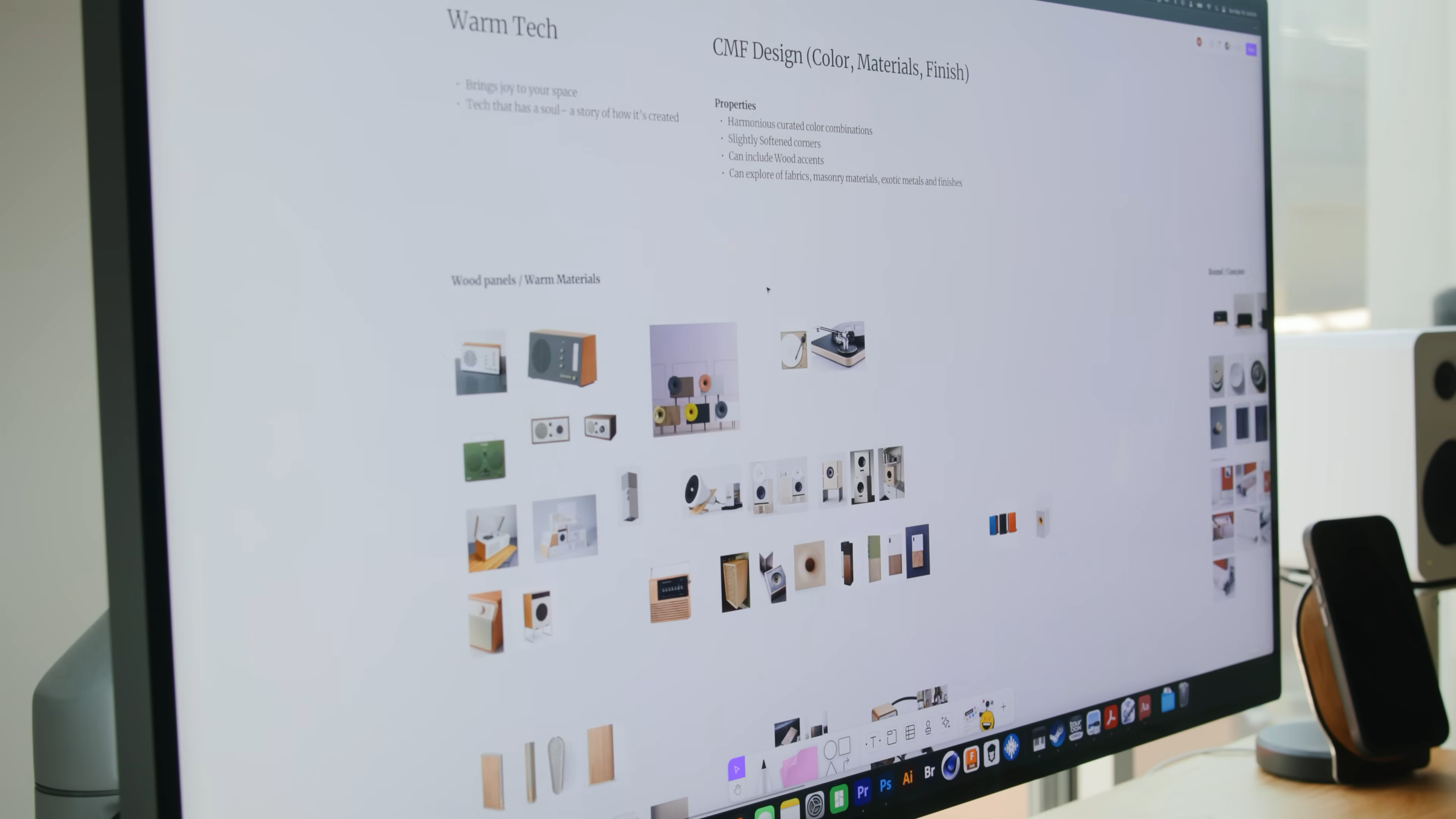 Matthew Encina’s Mode rebrand video—screen showing the product development phase, with CMF (color, materials, finish) mood boards and “Warm Tech” inspiration as the team explores design directions for premium mechanical keyboards.