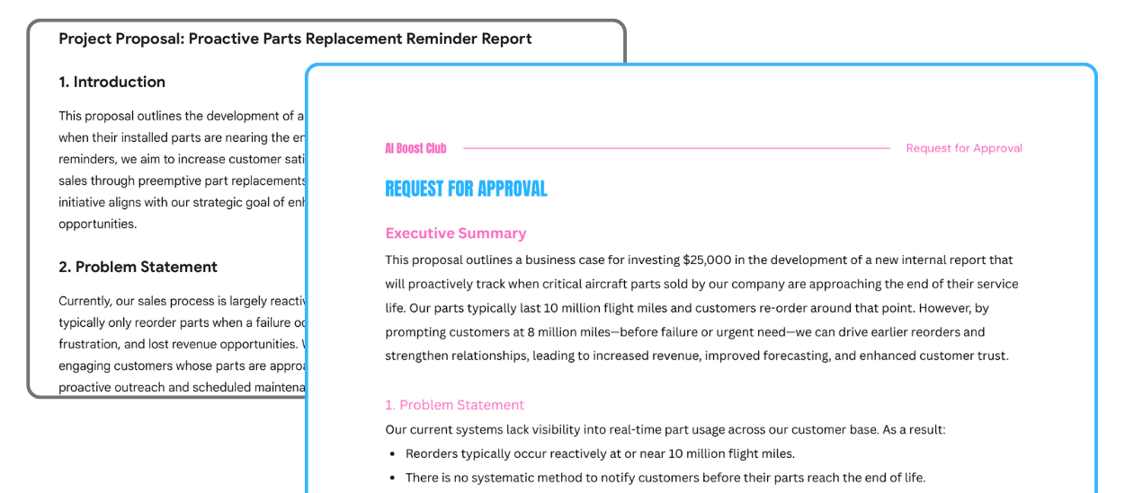 Two versions of a proposal side-by-side — one bland and vague, the other polished, clear, and persuasive.