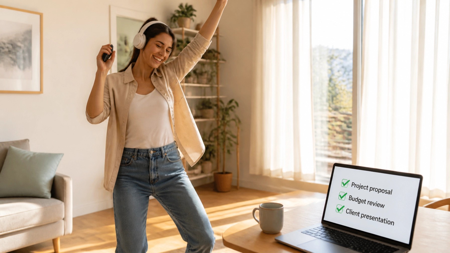  A joyful woman wearing headphones dancing in a sunlit room next to a laptop showing a completed to-do list.