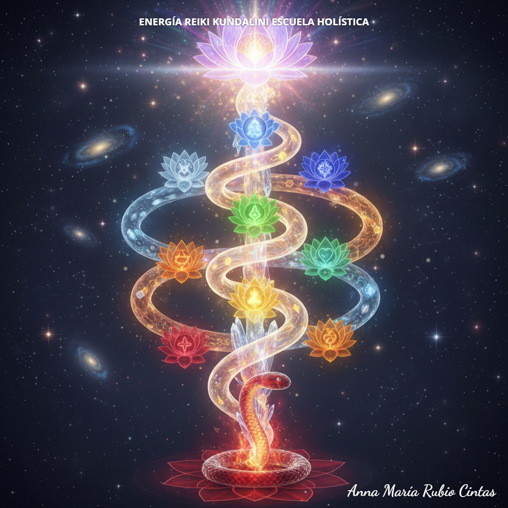 Ilustración de la serpiente Kundalini ascendiendo por la columna vertebral rodeando los siete chakras principales con los canales energéticos Ida y Pingala entrelazados