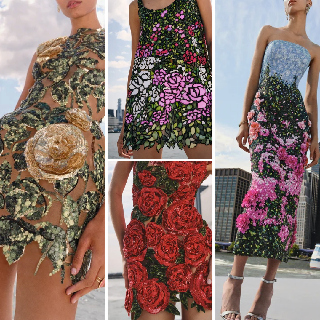 Collage showing Spring 2025 embroidery by Oscar de la Renta, with cherry blossoms, laser-cut work, and 3D florals.