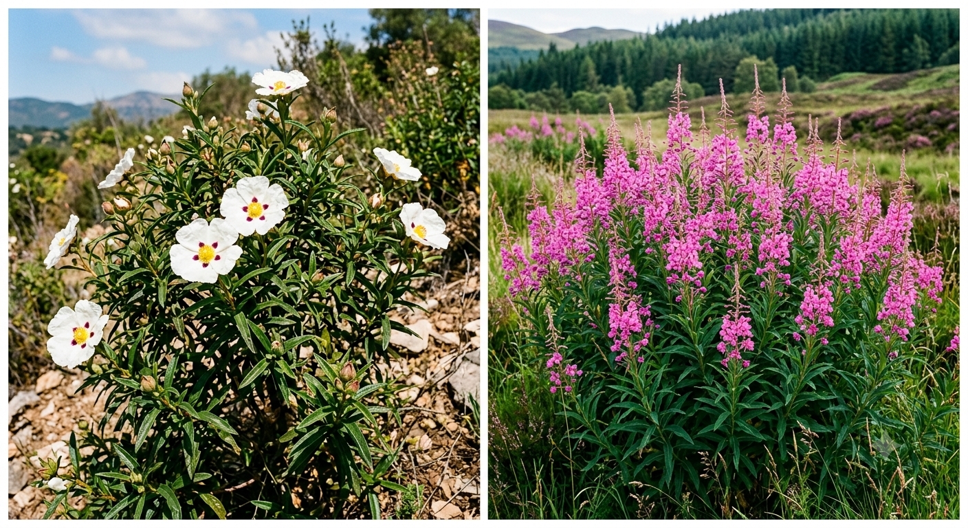 Planten die houden van bosbranden: Cistusroos (Cistus ladanifer) en Wilgenroosje (Chamaenerion angustifolium)