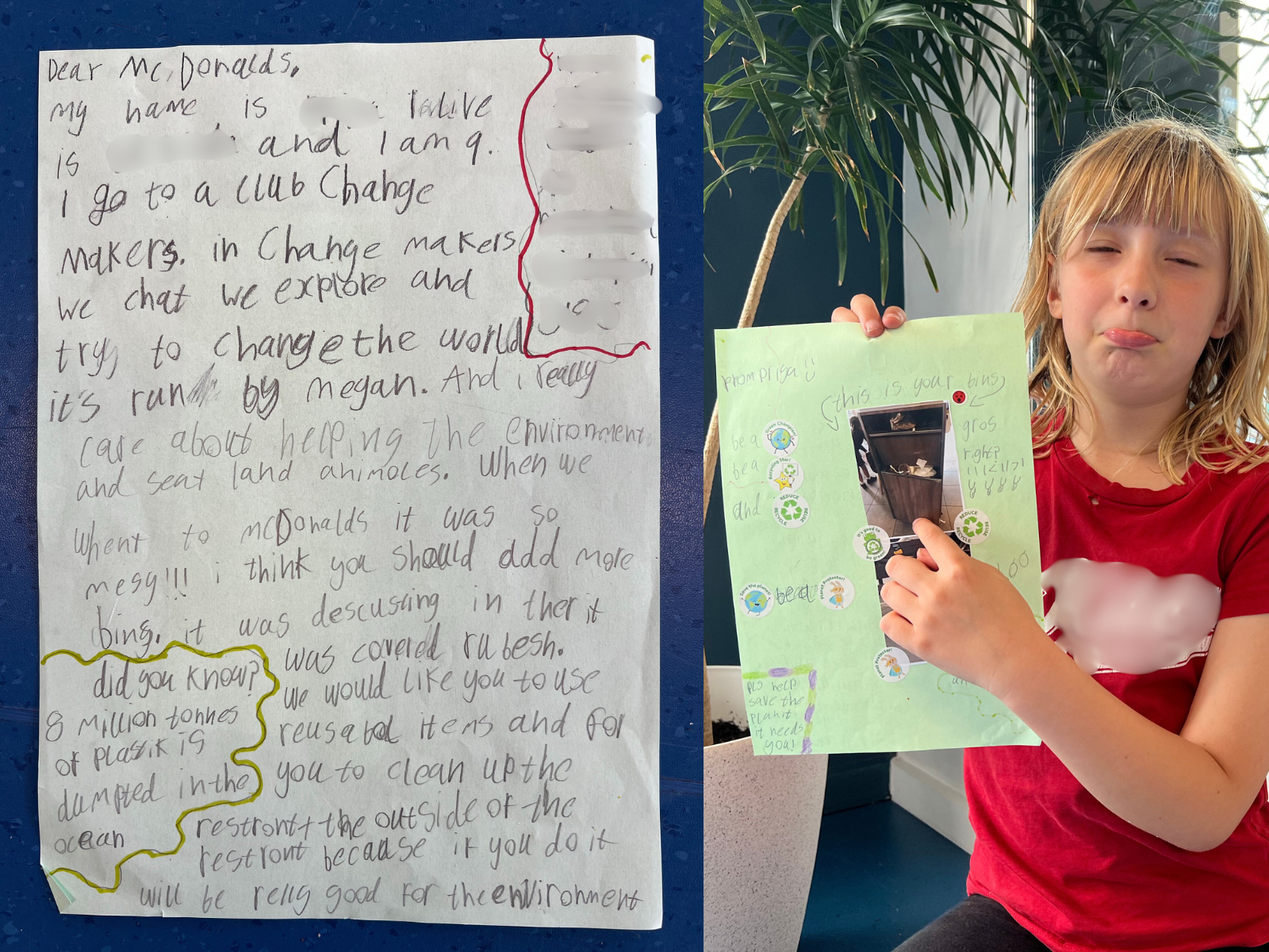 A kid's letter to McDonald's asking them to clean up their rubbish and a kid making a sad face and pointing to a photo of an overflowing bin.