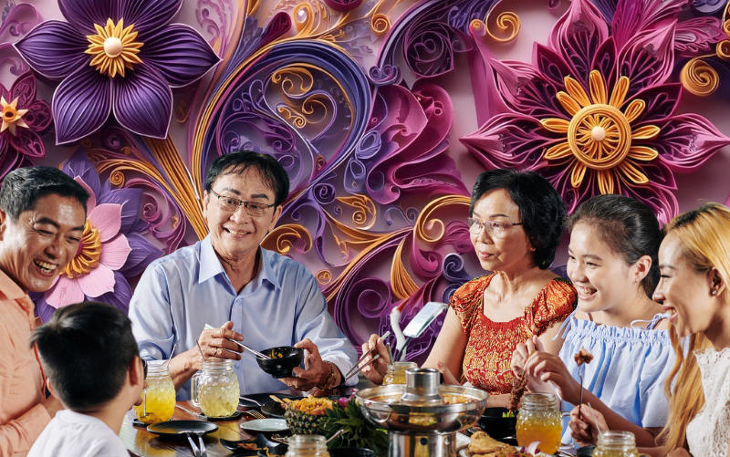 A multigenerational family shares a meal and stories. Floral background in the style of paper quilling.