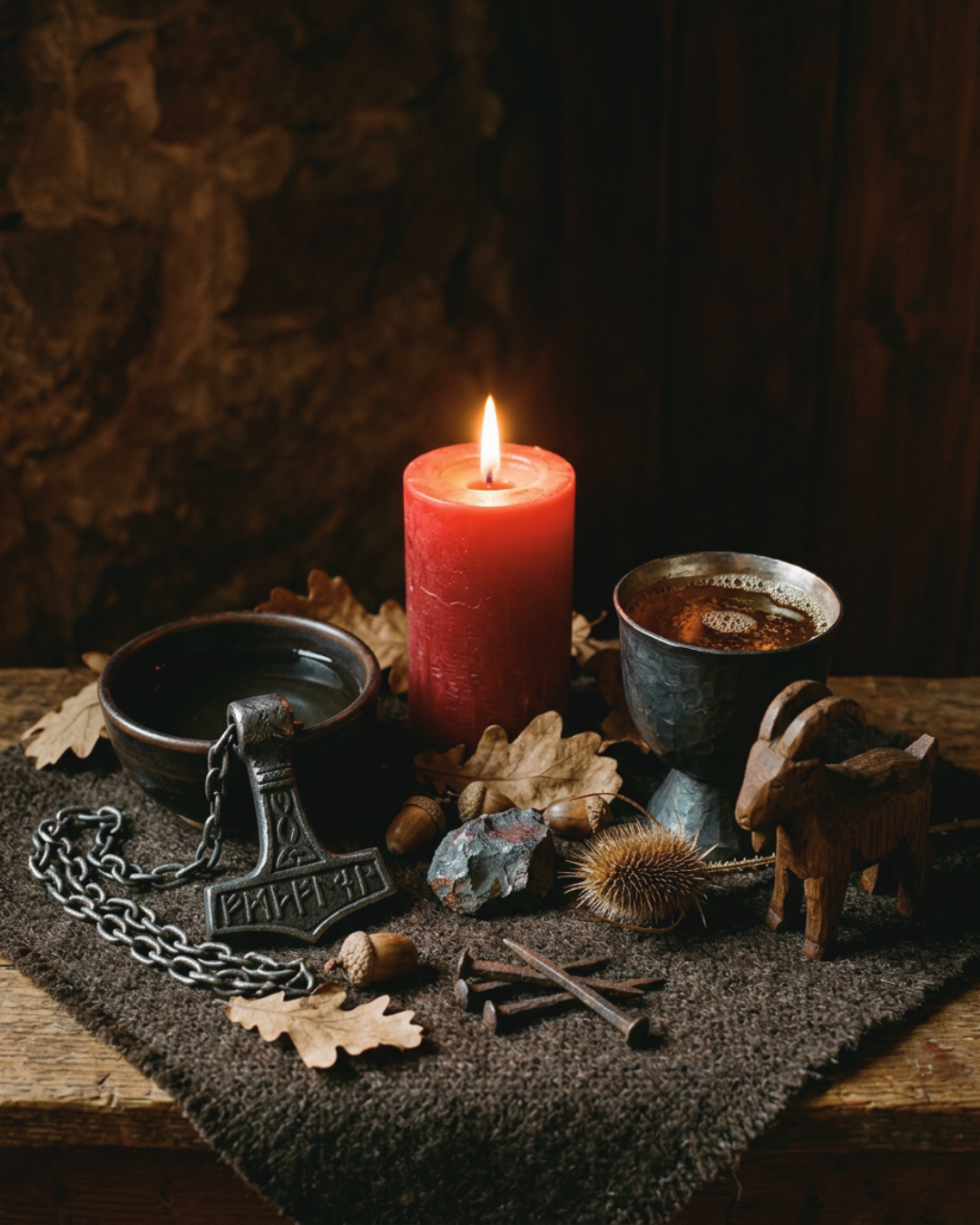 Rustic altar setup featuring a glowing red candle, a wrought-iron Mjölnir pendant with runes, a carved wooden goat, a metal goblet with ale, oak leaves, acorns, and iron nails on dark fabric.