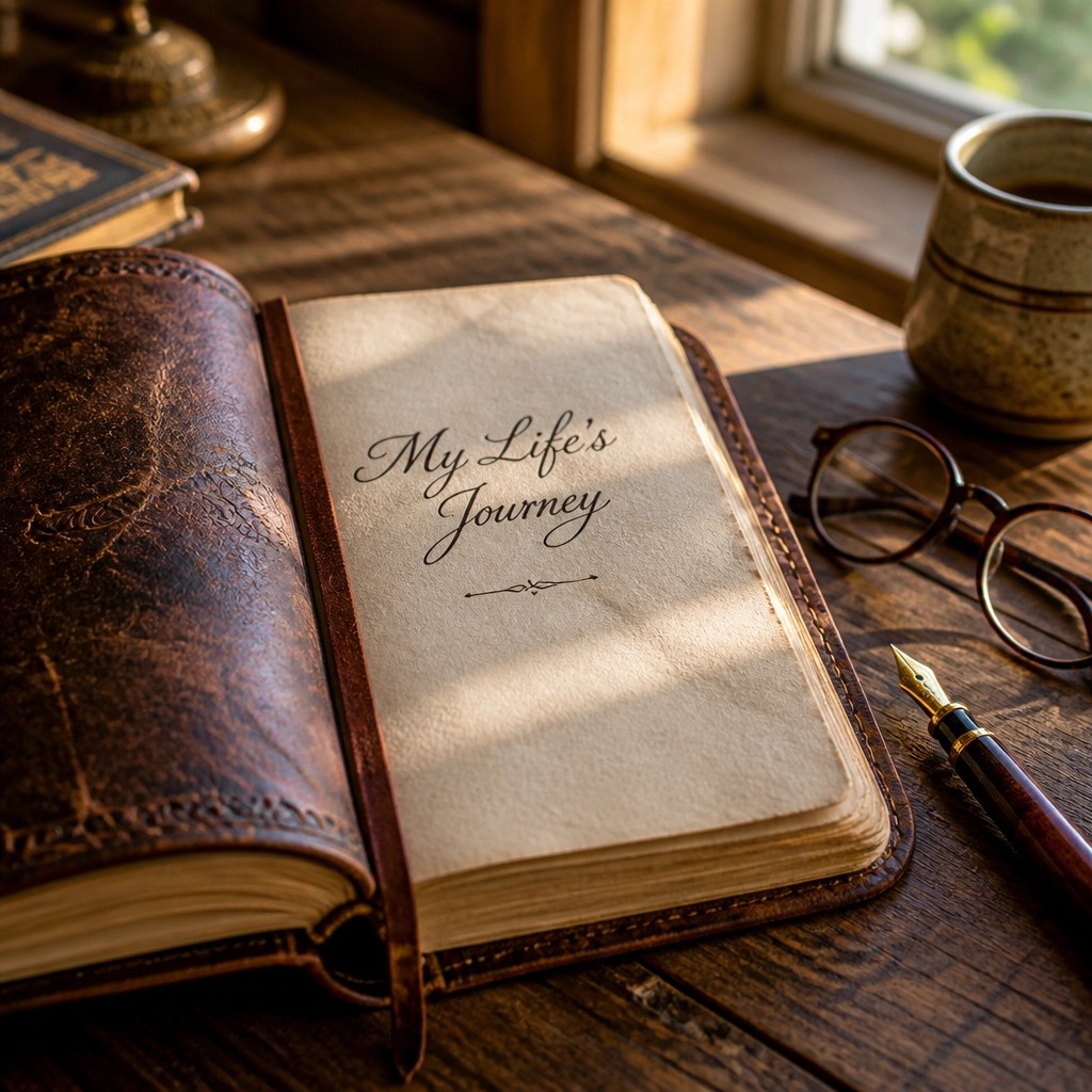 A close-up of the premium, black leather-like Legacy Journal featuring a personalized gold name plate, symbolizing the tangible weight of a life well-lived.