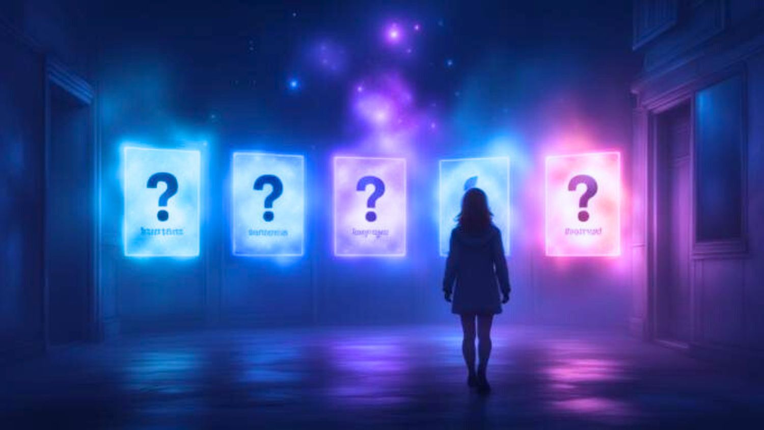 Person standing before multiple glowing choices with question marks, symbolizing anxiety, overthinking, decision paralysis, and mistaking constant worry for preparation.