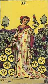 Nine of Pentacles from the Rider Waite Smith Tarot
