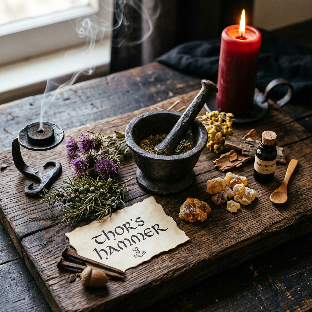 Herbal incense workspace on a wooden board featuring a smoking incense charcoal disc, a cast iron mortar and pestle, dried thistle flowers, resin crystals, a lit red candle, and a paper reading Thor's Hammer.