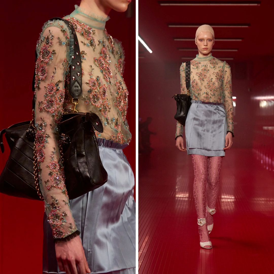Side and runway view of a sheer mesh top from Valentino Fall 2025 featuring dense beadwork, pastel florals, crystal details, and metallic thread embroidery.