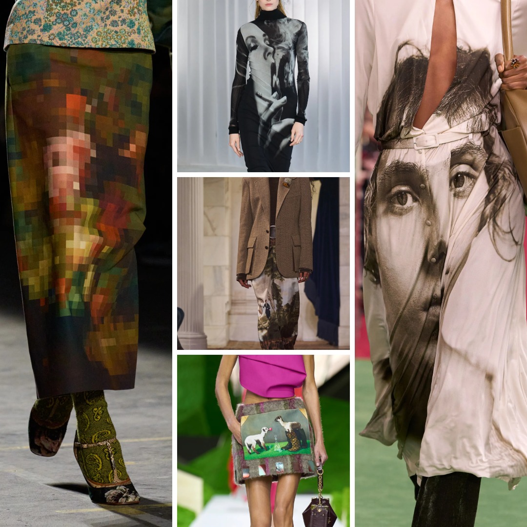 Fall/Winter 2026 Picture Perfect examples featuring photographic prints, portraits and large-scale figurative imagery across garments and skirts.