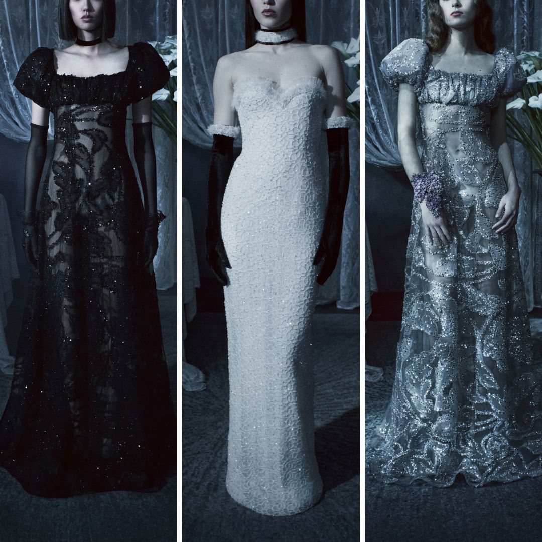 Rodarte Fall 2025 gowns with sheer lace, sequinned embroidery, and metallic embellishments shown in black, ivory, and silver tones