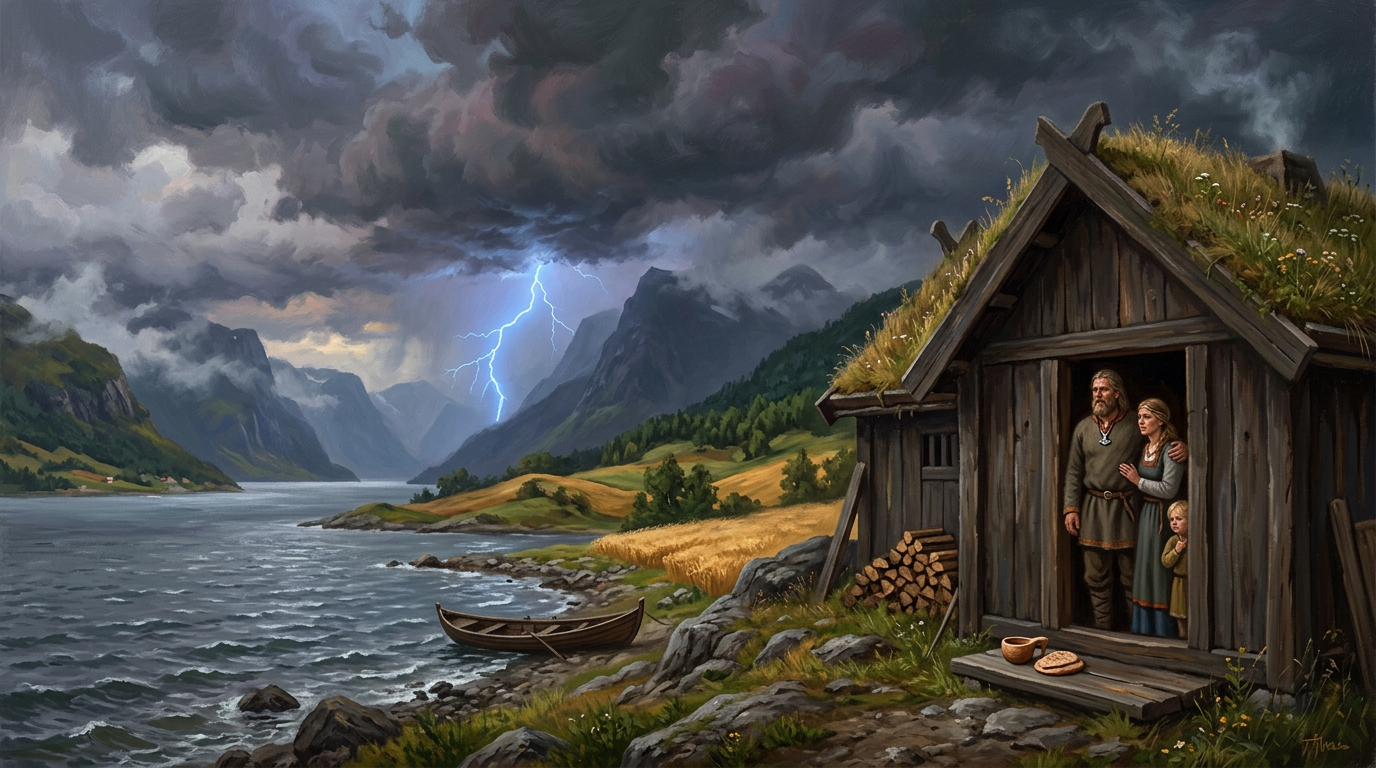 A Norse family standing at the doorway of a turf-roofed wooden cabin overlooking a scenic fjord as lightning strikes beneath dark storm clouds in a mountainous valley.