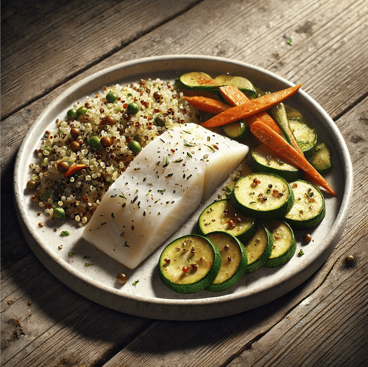 Poisson blanc, quinoa, carottes rôties et courgettes sautées