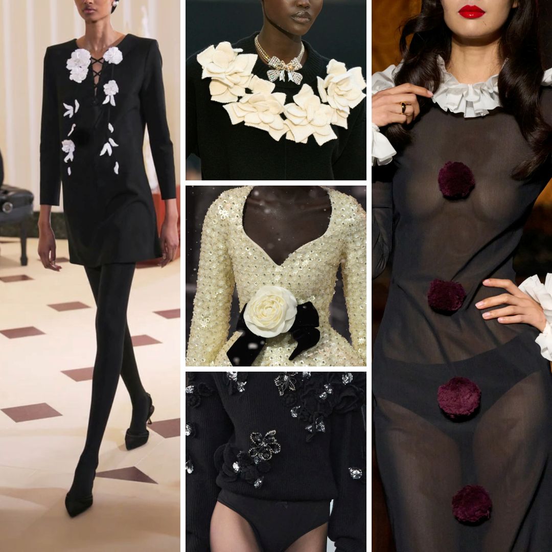 Examples of 3D floral embellishments from Fall/Winter 2025 collections, featuring sculptural textile flowers on black and cream garments