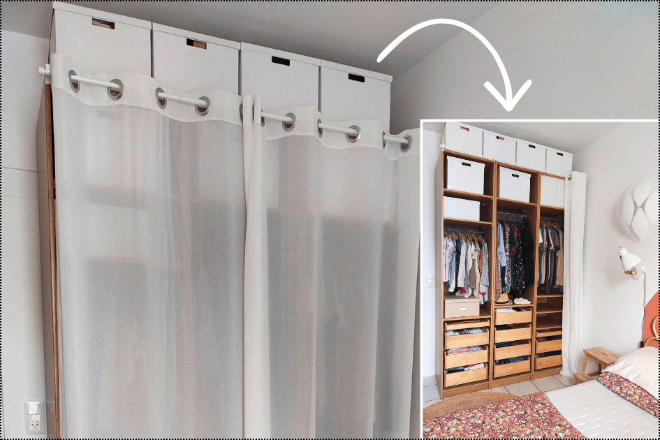 Boîtes de rangement uniformes pour stocker les objets peu utilisés en hauteur : solution simple pour garder des placards visuellement ordonnés et faciles à maintenir.