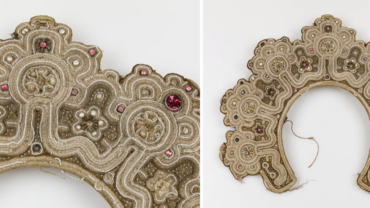 Close-up and full view of a traditional Pinezhsky pearl diadem, featuring intricate pearl setting and beadwork on a white fabric base. The design includes raised patterns with floral motifs and embedded colored glass accents, highlighting the craftsmanship of 19th-century Russian bridal headwear.