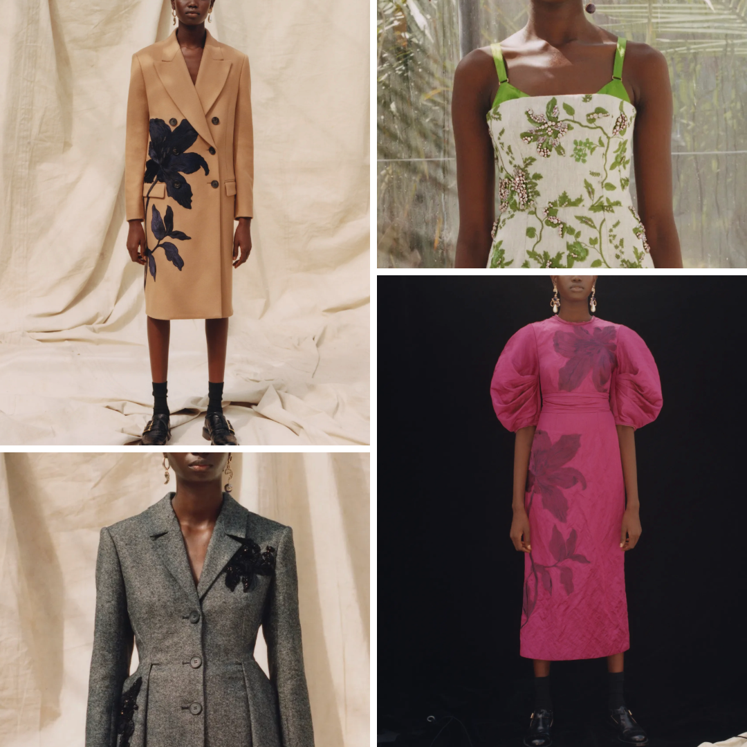 Looks from Erdem’s Resort 2023 collection inspired by Constance Spry, featuring oversized floral appliqué, quilted pink dresses, tailored coats with embellishment, and botanical embroidery on linen and wool.