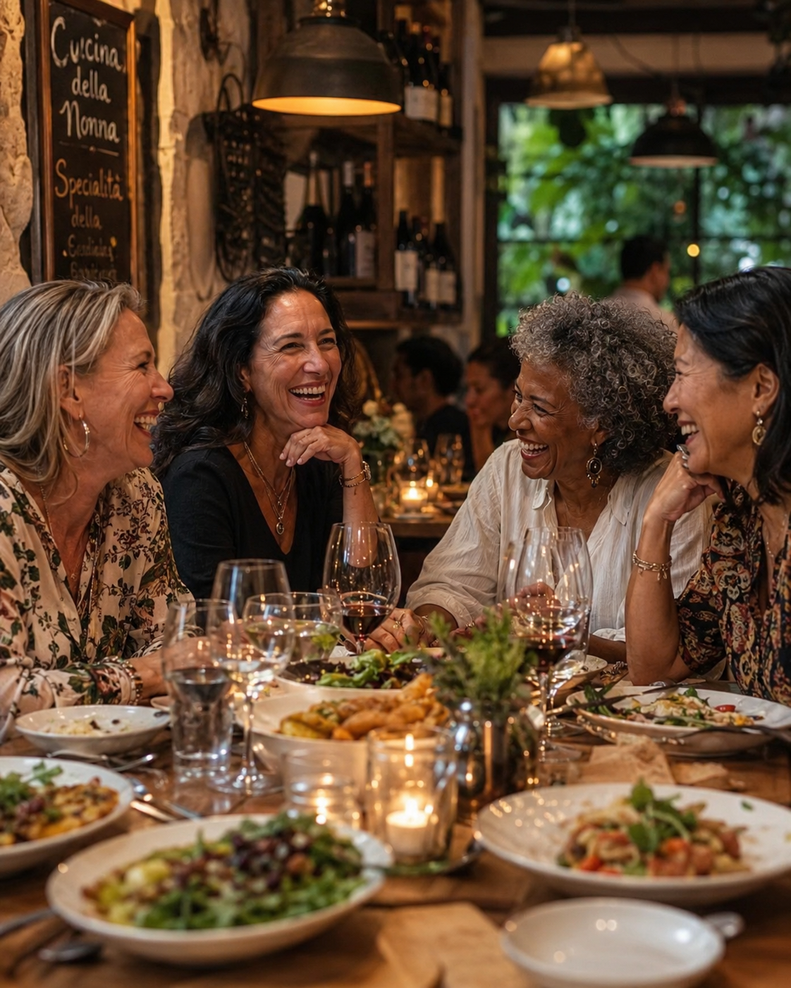 Women connecting over a relaxed group dinner during a culturally immersive trip.