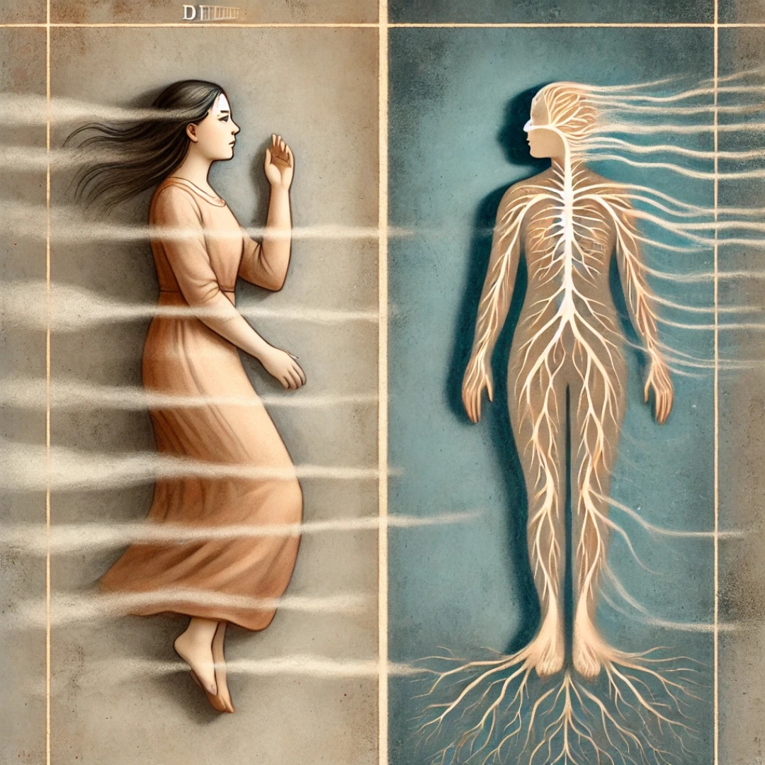 Illustration symbolique représentant la différence entre le gisant horizontal — une femme allongée, paisible — et le gisant vertical — une femme debout portant une charge transgénérationnelle
