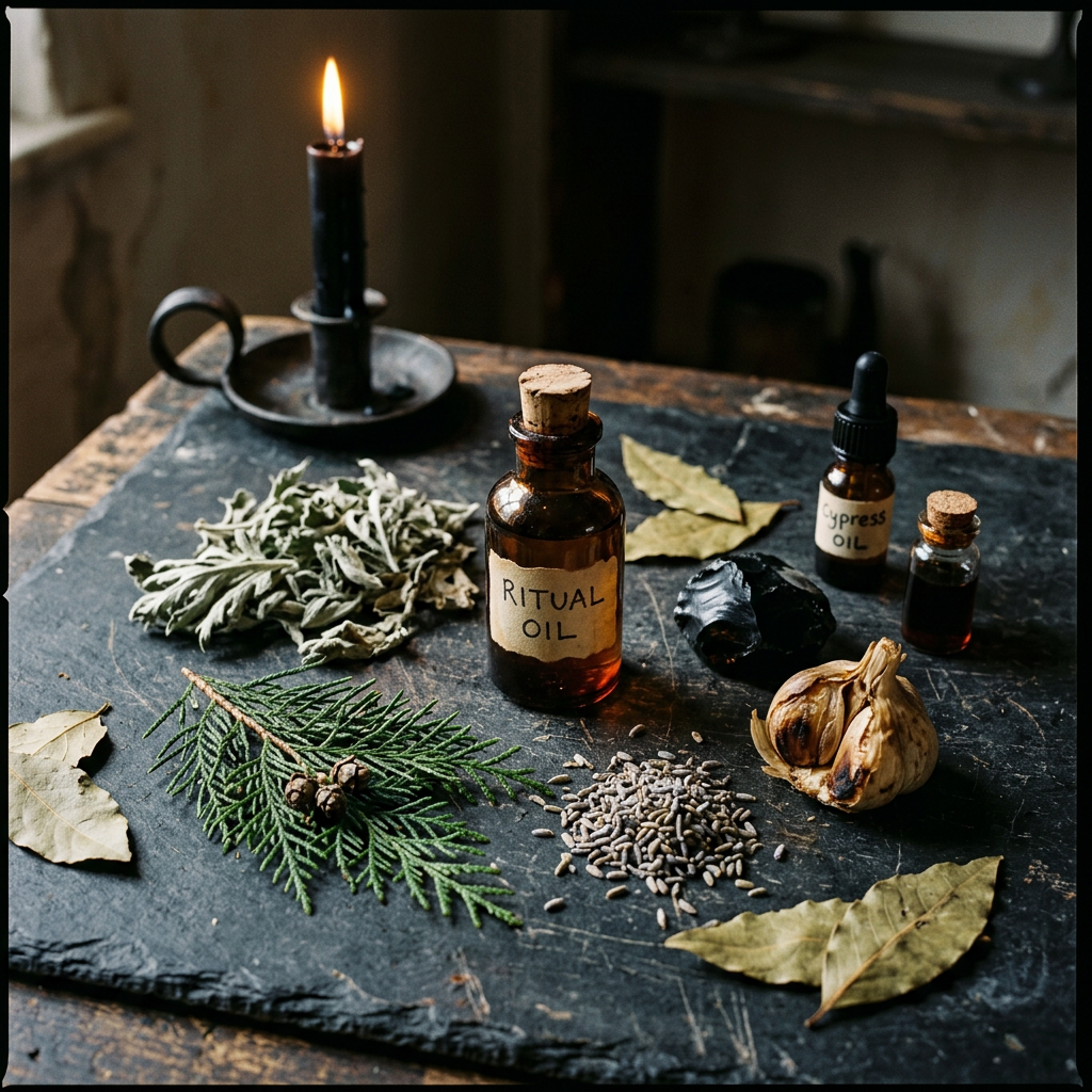 An amber glass dropper bottle with a cork stopper and a handwritten label reading "Ritual Oil" sits on a dark slate surface. It is surrounded by loose dried lavender, a cedar branch with cones, bay leaves, dried mugwort, a roasted garlic bulb, a piece of black obsidian, and a smaller bottle labeled "Cypress Oil." A single black taper candle burns in the background on a weathered wooden table.