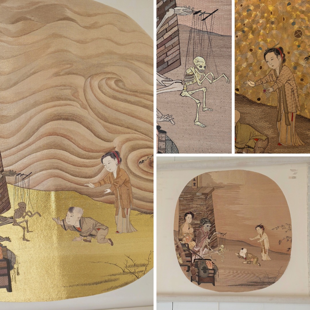 Detail of Suzhou embroidery reinterpretation of the traditional Skeleton Puppet Show motif displayed at the exhibition “Suzhou Embroidery: The Awakening of a 1000-Year Tradition”