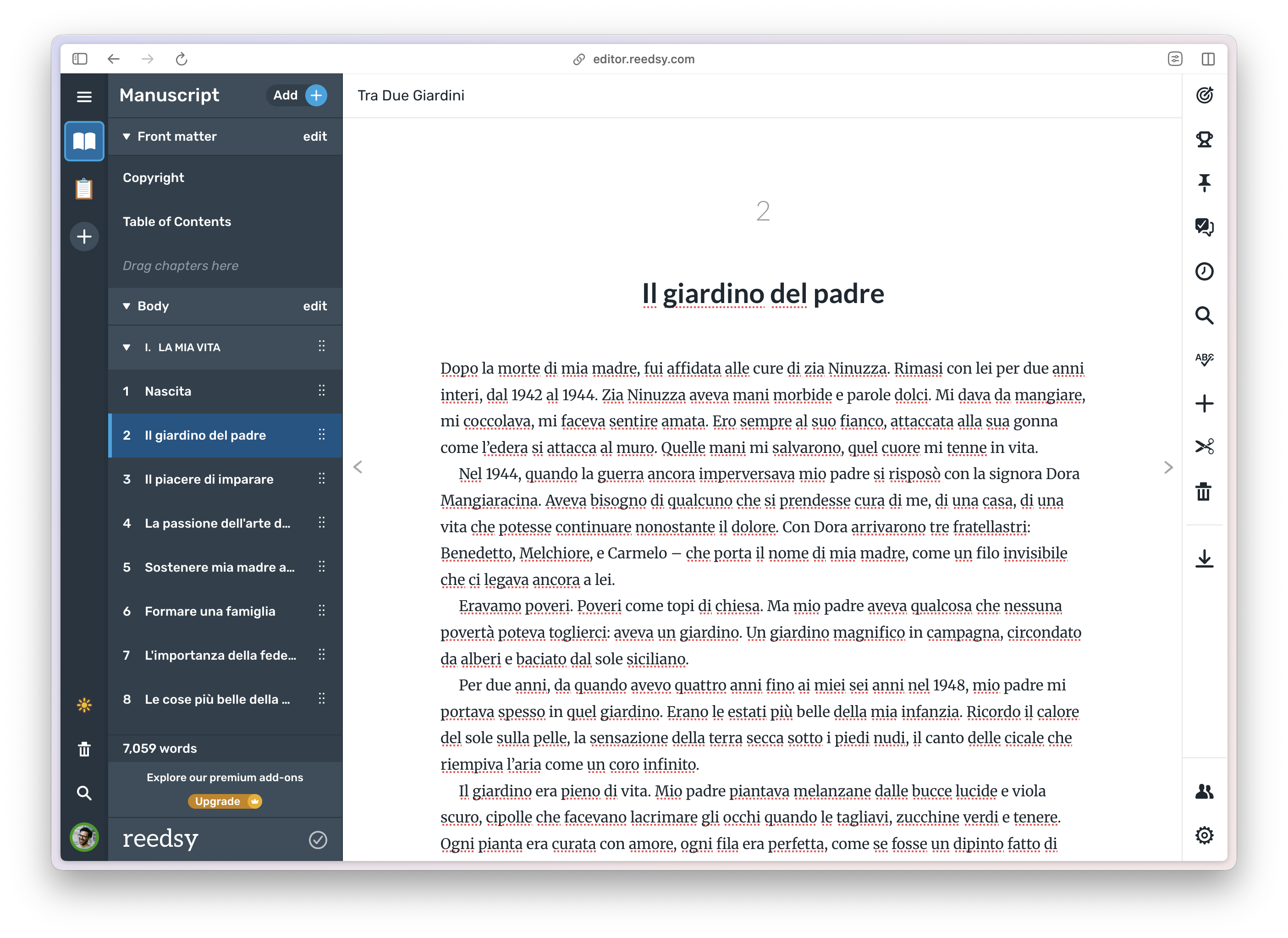 A screenshot of the Reedsy Studio app showing a chapter of the biography of my grand mother
