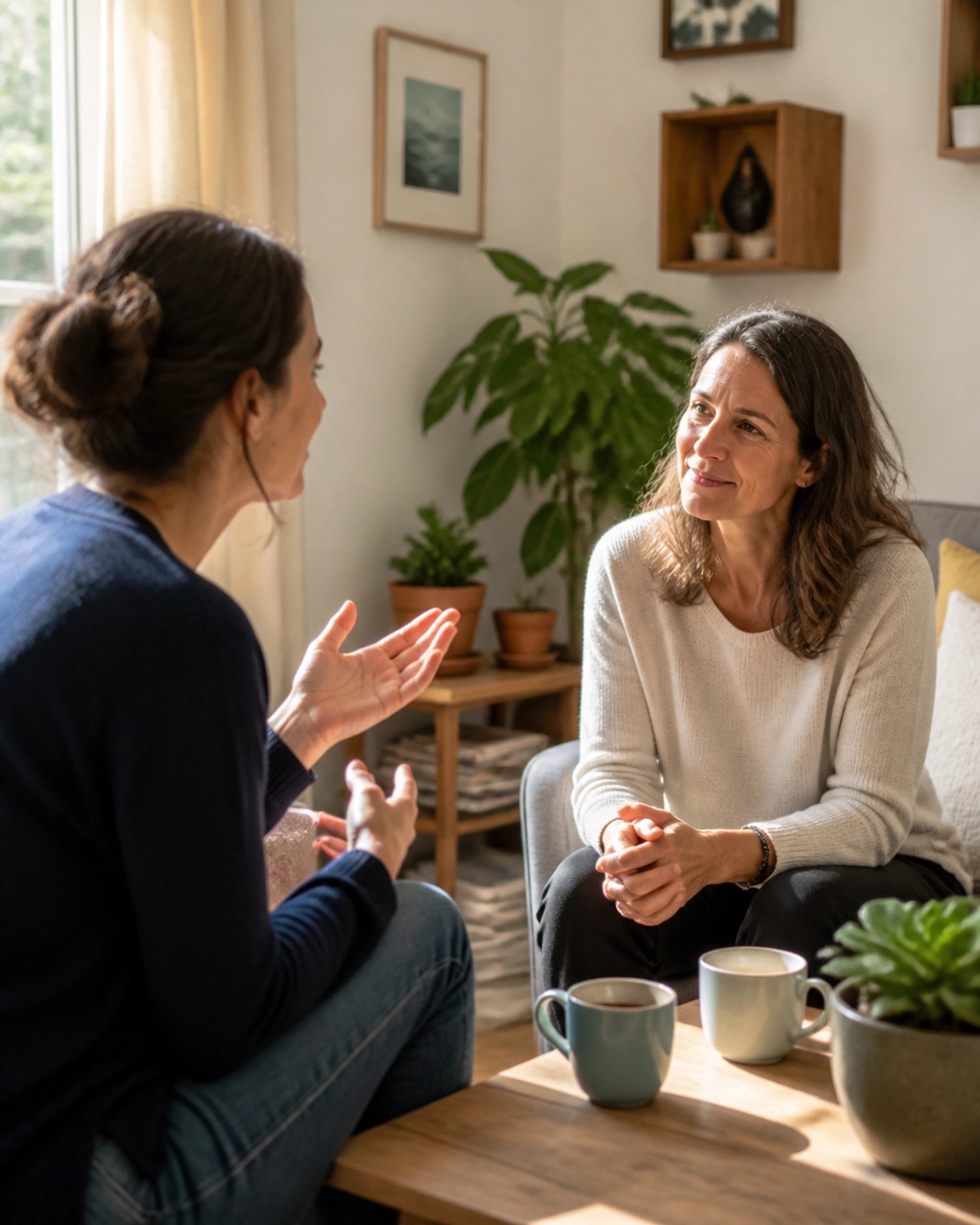 A warm, heart-centered image of a supportive coaching conversation, symbolizing hope and transformation.
