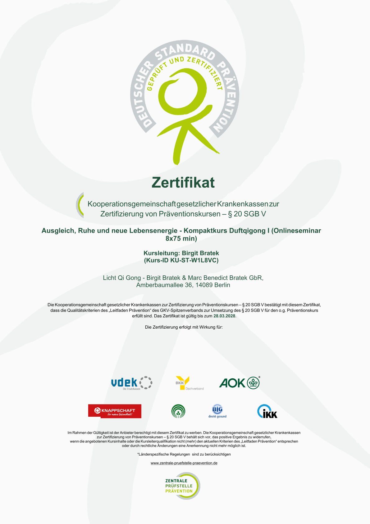 Zertifikat $20 SGB V Birgit Bratek Duftqigong Grundstufe