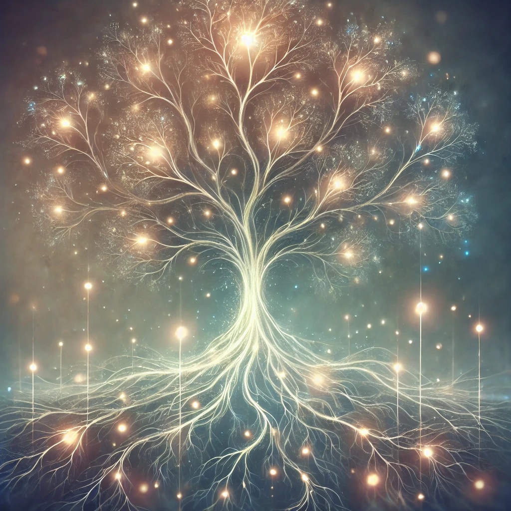 Illustration mystique d’un arbre généalogique lumineux représentant la transmission des mémoires transgénérationnelles
