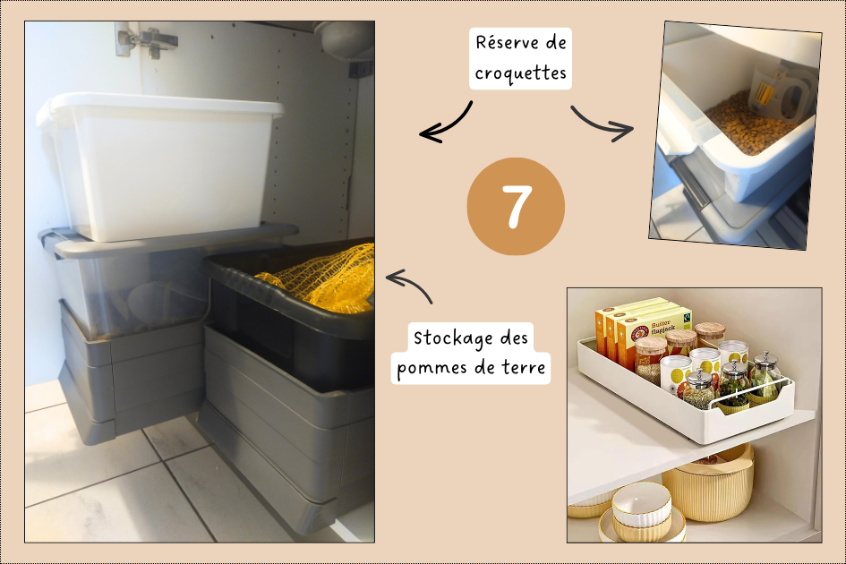 Bacs coulissants pour stocker les croquettes et les pommes de terre.