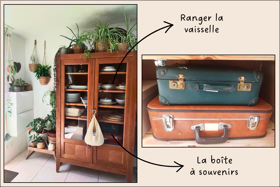 Ranger la vaisselle et les souvenirs dans des souvenirs boxes dans le salon