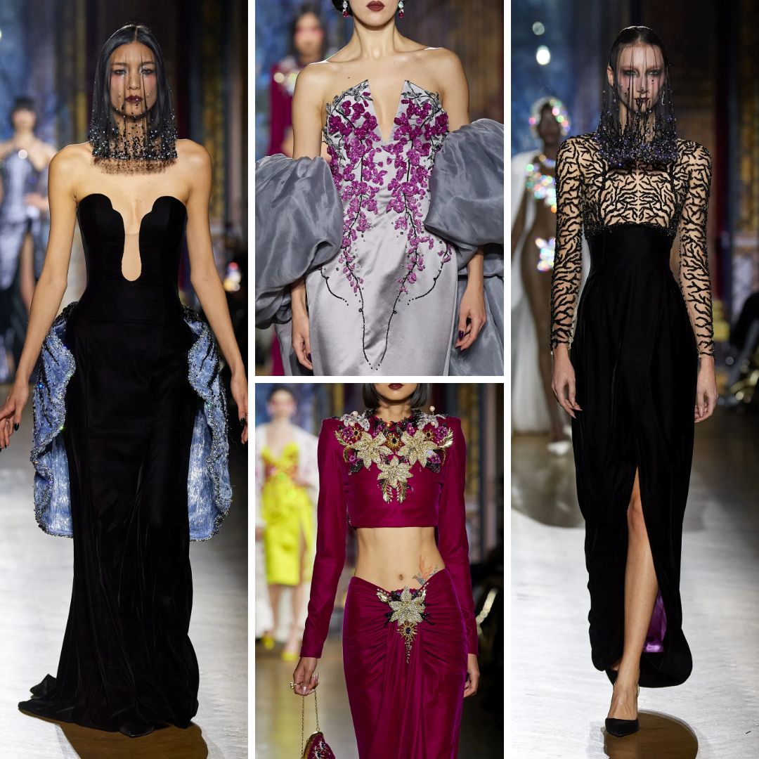 A collage of couture dresses featuring dramatic black fabrics, veiled headpieces, rich jewel tones, and floral embroidery, showcasing gothic-inspired glamour and structured couture designs.