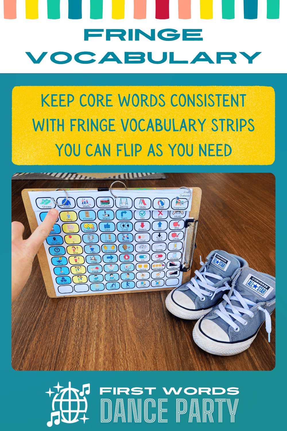 A core board with fringe vocabulary strips that can be rotated.