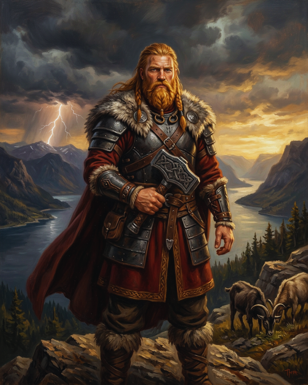 Painting of the Norse god Thor with a braided red beard and fur-trimmed armor, holding Mjölnir atop a mountain ledge overlooking a fjord with lightning in the stormy sky and two goats grazing nearby.