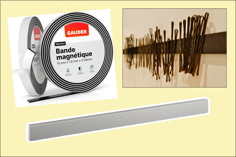 Barre magnétique murale pour organiser petits objets métalliques comme pinces à cheveux ou ustensiles et libérer l’espace dans les tiroirs.