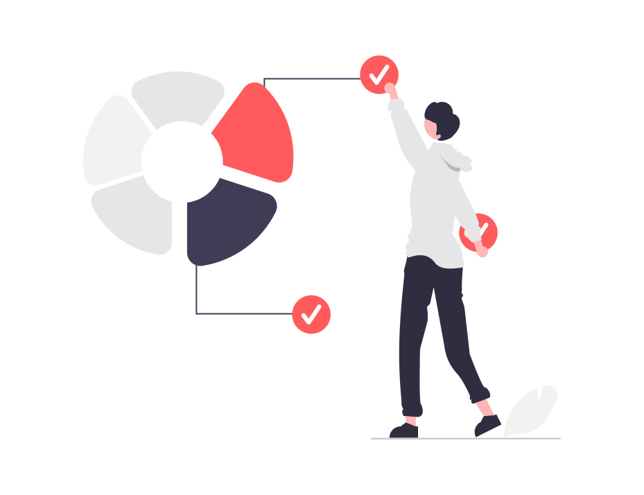 An illustration of a person interacting with a huge pie chart