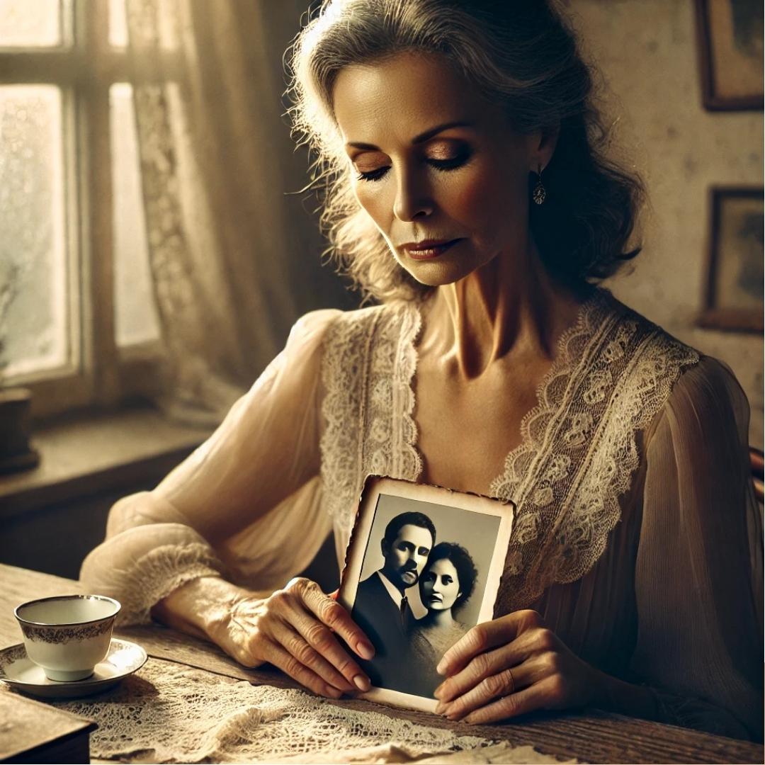 Femme mature tenant une photo d’ancêtres, illustrant les loyautés familiales invisibles et la transmission transgénérationnelle