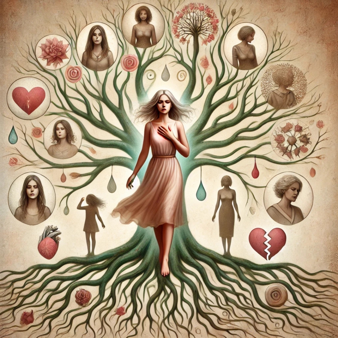 Femme debout au centre d’un arbre dont les racines forment des silhouettes de femmes du passé, symbolisant les causes émotionnelles et transgénérationnelles de la dépendance affective.