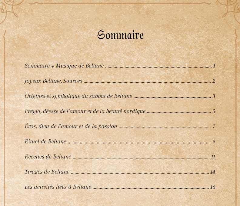 Sommaire Livret-grimoire Beltane