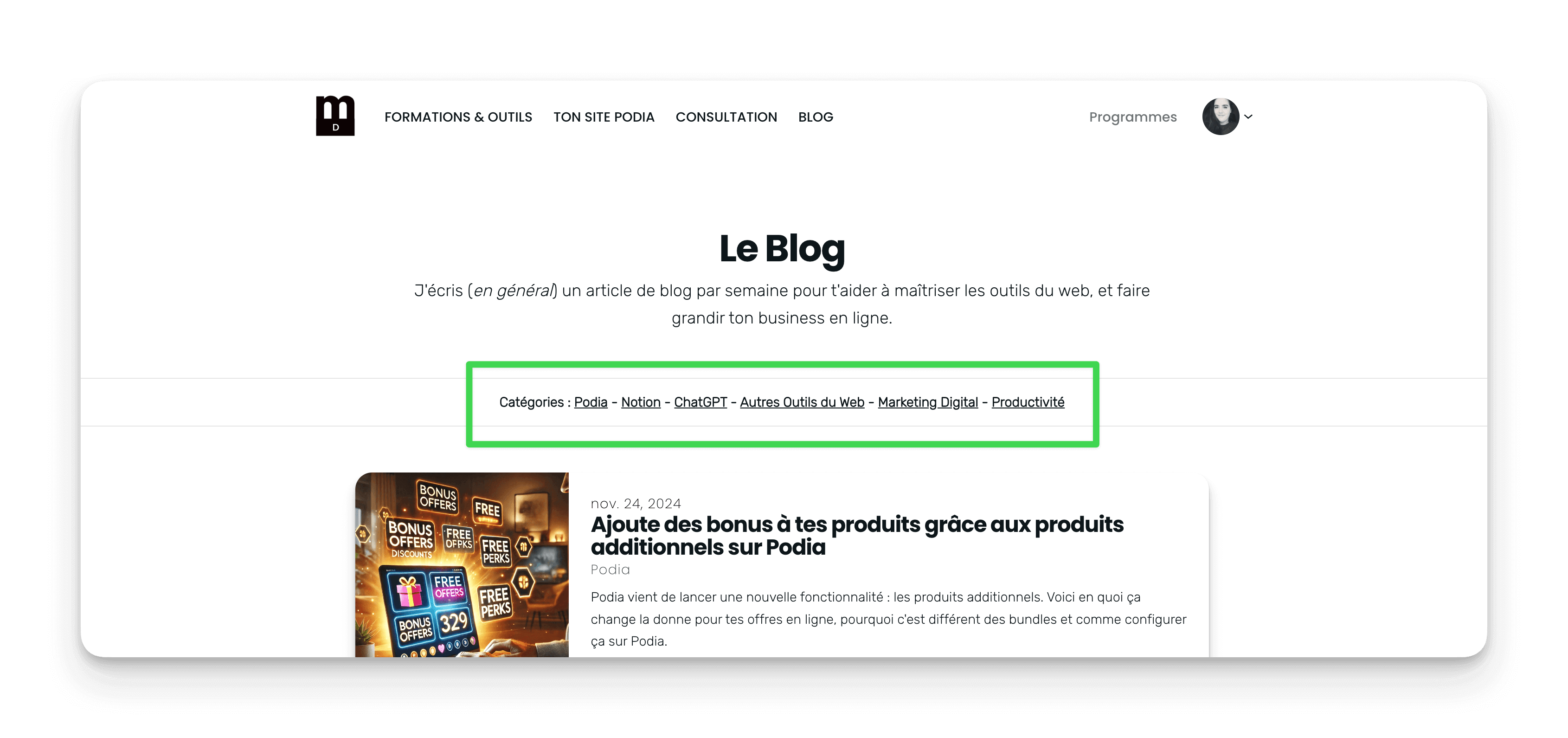 mon menu des catégories sur mon blog Podia