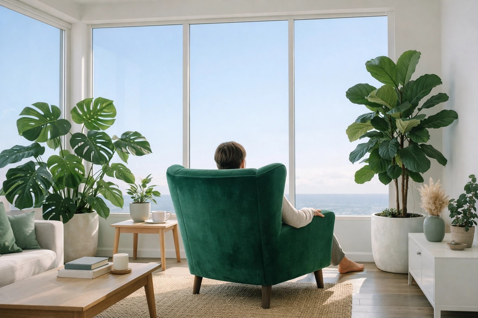 A person sitting peacefully in a clean, minimalist room, looking out a window at a bright sky, symbolizing mental clarity.