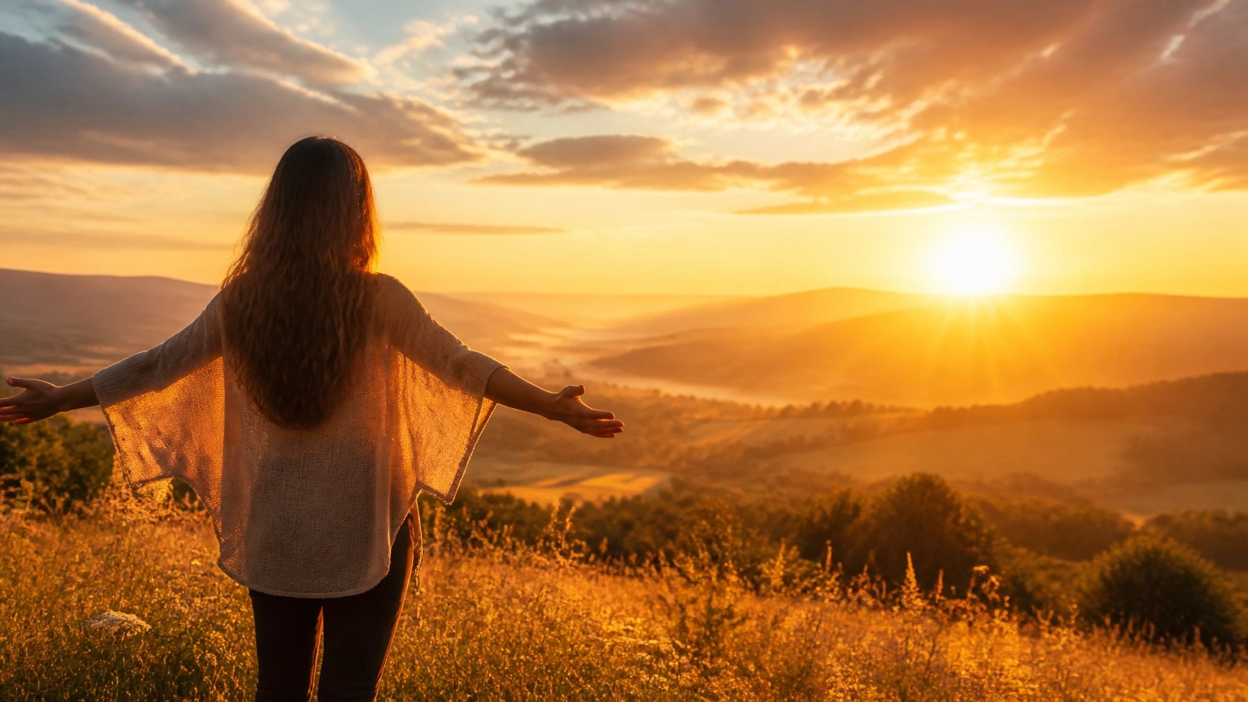 A woman standing at the edge of a golden meadow at sunrise, looking toward the horizon with a sense of hope and transformation.