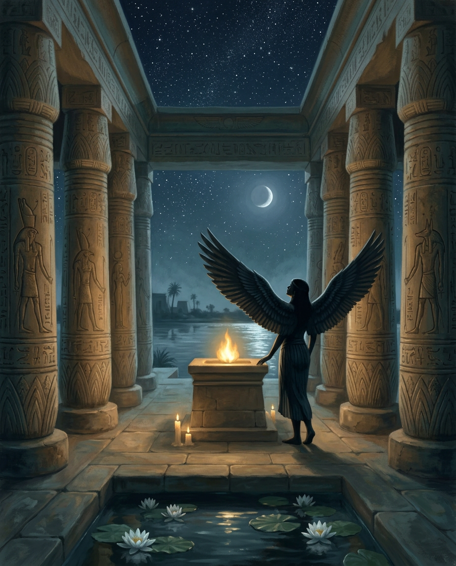 A atmospheric digital painting of a winged figure, silhouetted from behind, standing inside a grand Egyptian stone temple at night. The figure has large, dark feathers outspread and looks up toward a crescent moon in a starry sky visible through the open ceiling. In the center of the temple, a flame burns brightly atop a stone sacrificial altar, surrounded by small white lit candles on the stone floor. Massive stone pillars carved with detailed hieroglyphics flank the scene, and a calm pool of water with blooming white lotus flowers sits in the immediate foreground, reflecting the soft ambient light.